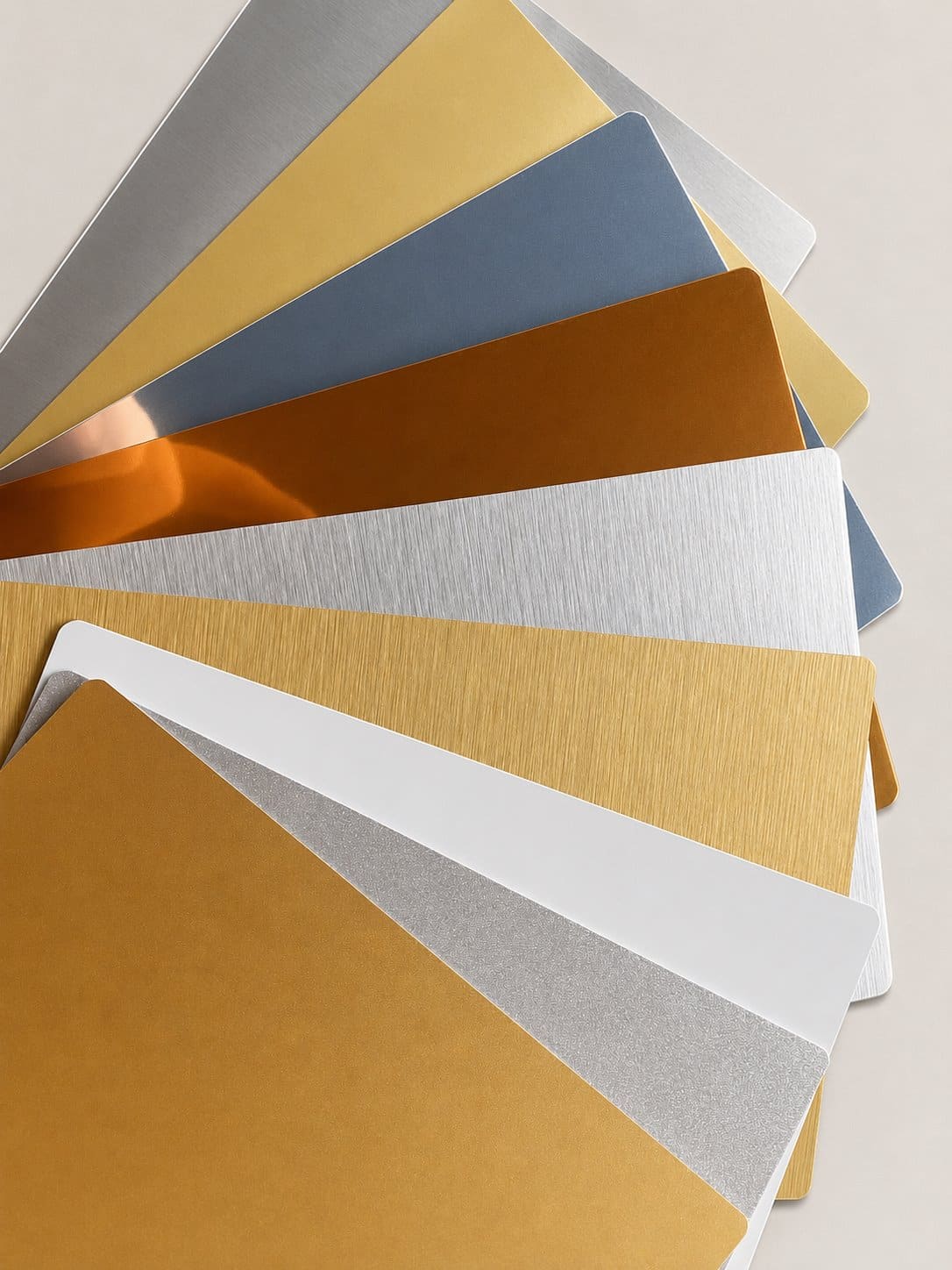 White, silver, gold, brushed and colored aluminum finish samples