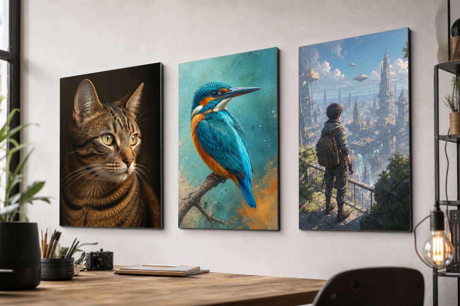 Cat, bird and illustrated city artwork printed on aluminum panels