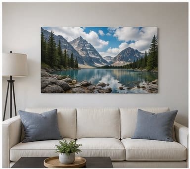 Large aluminum artwork displayed above a living-room sofa