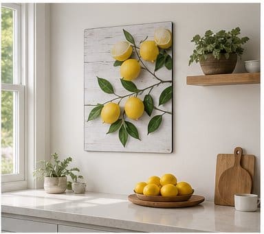 Custom botanical aluminum decoration displayed in a bright kitchen