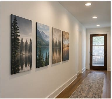 Horizontal aluminum artwork displayed in a hallway