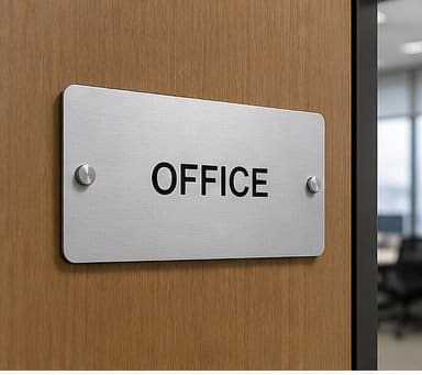 Custom aluminum reception sign installed in a professional interior