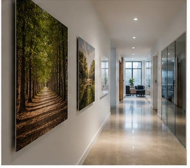 Aluminum photography display in a commercial corridor